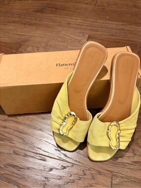 Flattered Yellow Suede Slide Sandals with Gold Accent